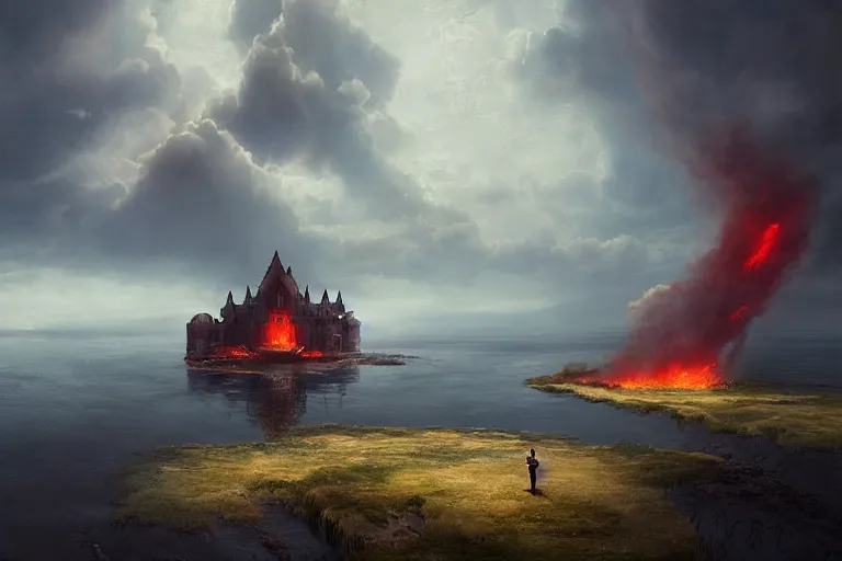 Prompt: a mysterious castle floating in the middle of a vast lake by a farm and a large fiery dragon enters the atmosphere through a gap in the clouds, cinematic lighting, ultra realistic by michal lisowski and tom bagshaw