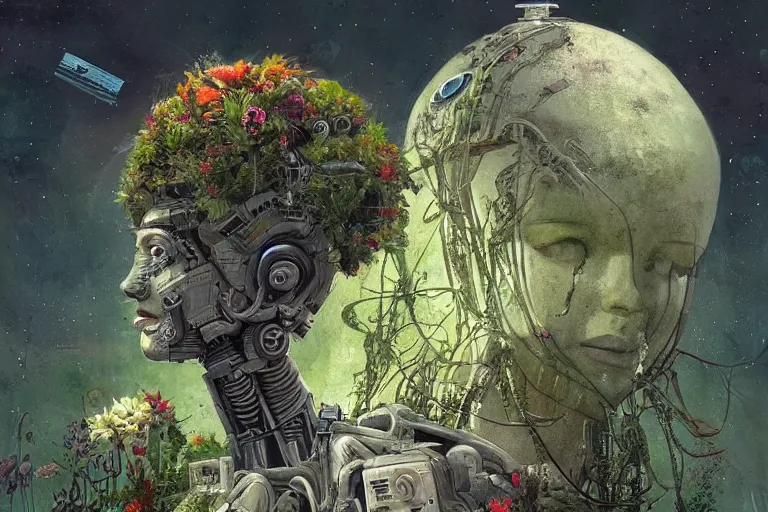 Image similar to gigantic robot - girl head floating in the space, a lot of exotic plants, trees, flowers, oldschool vintage sci - fi flat surreal grainy design, super - detailed, painting by enki bilal, hd, 4 k, high quality