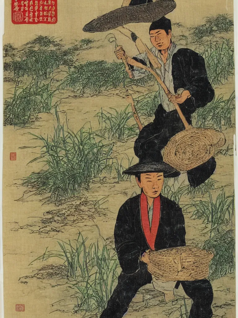 Prompt: portrait of a chinese farmer with a rice hat, marvel comic book