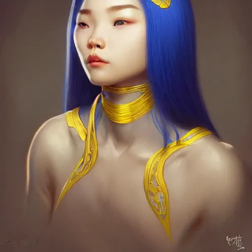 Prompt: filipino girl blue and yellow hair nose tape, intricate, elegant, highly detailed, my rendition, digital painting, artstation, concept art, smooth, sharp focus, illustration, art by artgerm and greg rutkowski and alphonse mucha and uang guangjian and gil elvgren and sachin teng, symmetry!!
