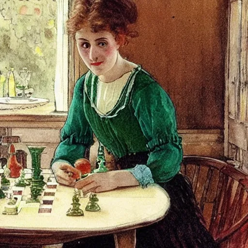 Image similar to a young edwardian woman wearing a green blouse and grey skirt sits by a chessboard at a table, in the style of carl larsson