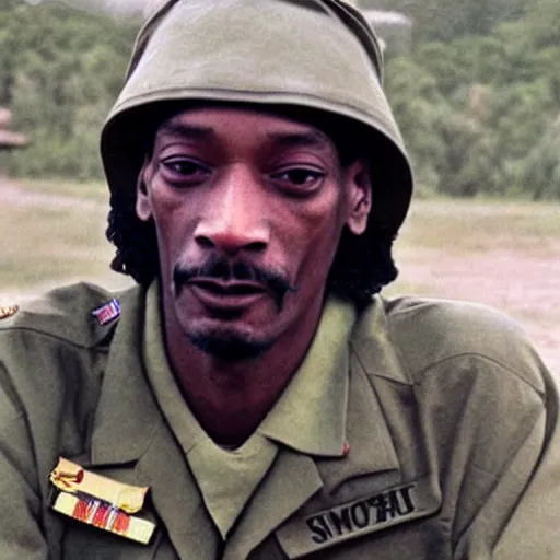 Prompt: Snoop Dogg as a soldier in Vietnam, award winning historical photograph