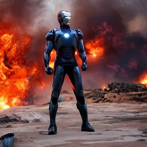 Prompt: iron man, scene from the avengers, explosions, fire, tanks, military, battlefield, war photography