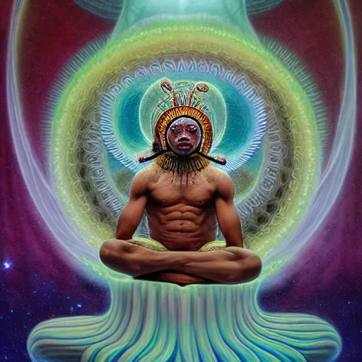 Image similar to obatala the cosmic god sitting on a throne of nebula clouds, by Adi granov and afarin sajedi and amanda sage and evgeni gordiets and Agostino Arrivabene in a psychedelic portrait style, ultrarealistic matte painting, volumetric lighting, piercing eyes, highly detailed face, orisha, 8k, hd