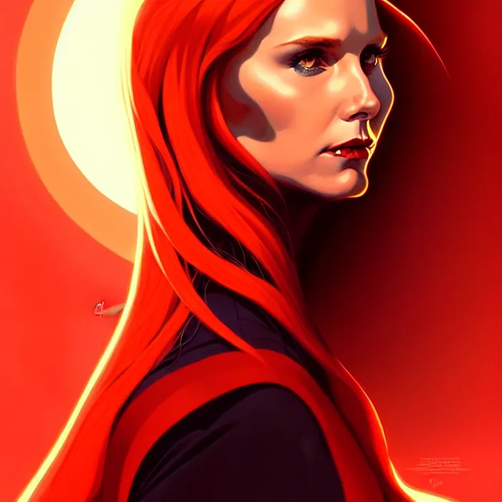 Image similar to style artgerm, joshua middleton, beautiful kristen bell with dark red dress, very long orange hair, symmetrical face, symmetrical eyes, fire powers fire swirling, detailed, volcano setting, cinematic lighting