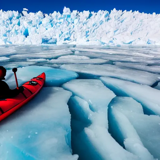 Image similar to two men kayaking atop a frozen glacier, national geographic, photo, hd