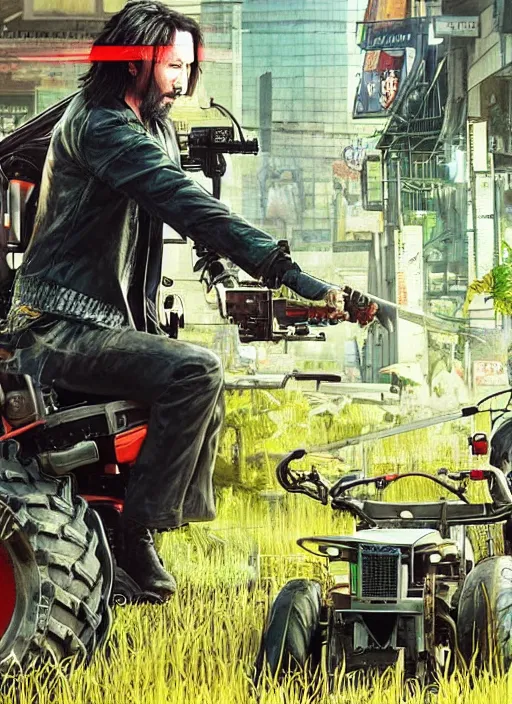 Image similar to wake up samurai we have a community to feed, solarpunk keanu reeves driving a tractor, cyberpunk 2 0 7 7, solarpunk, lots of plants, gardening, permaculture, anarchy, realistic, ultra detailed