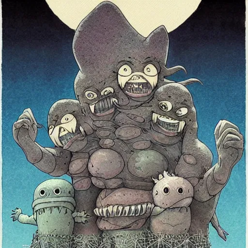 Prompt: monster lurking behind a happy family by studio ghibli, color, highly detailed, detailed, intricate, scary, horror, eerie, nightmares, dark, dramatic, 8 k