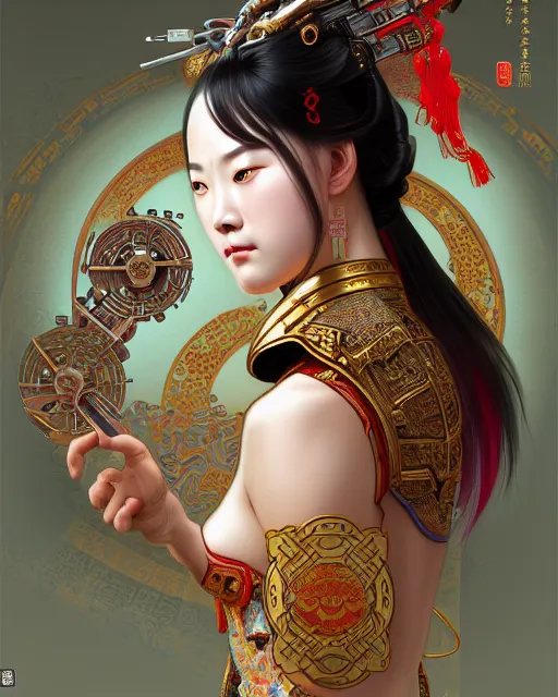 Prompt: portrait of a chinese cyberpunk machine, machine face, upper half portrait, decorated with chinese opera motifs, regal, asian, fine china, wuxia, traditional chinese art intricate intense elegant 京 剧 highly detailed digital painting artstation concept art smooth sharp focus illustration, art by artgerm and greg rutkowski alphonse mucha 8 k