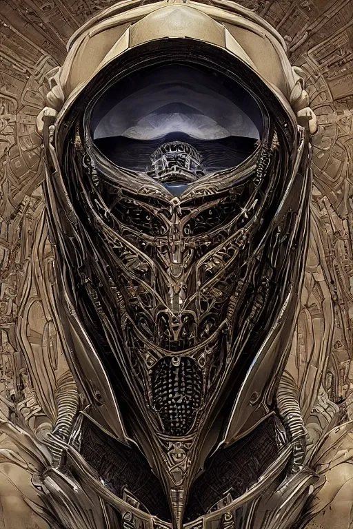 Prompt: portrait of sardaukar warior biomechanical desert mask exoskeleton hybrid, in style of Frank Herbert\'s Dune, in style of Midjourney, insanely detailed and intricate, golden ratio, elegant, ornate, horror, elite, ominous, haunting, matte painting, cinematic, cgsociety, H.R. Giger, James jean, Noah Bradley, Darius Zawadzki, Zdizslaw Beksinski, vivid and vibrant