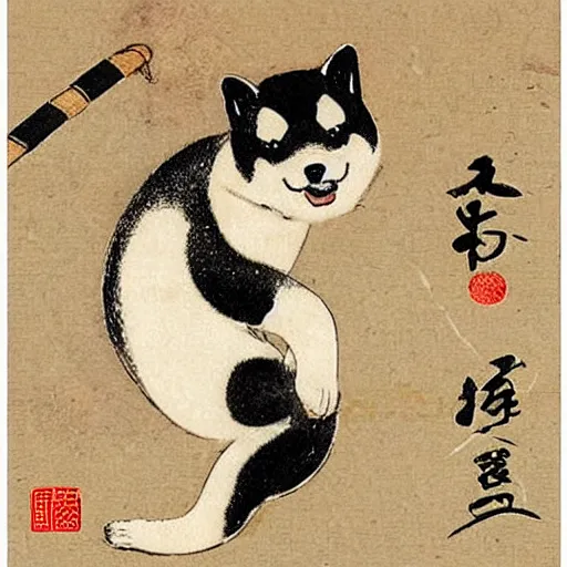 Image similar to shiba inu ninja on a birthday card, highly detailed, 1 8 th century japanese painting,