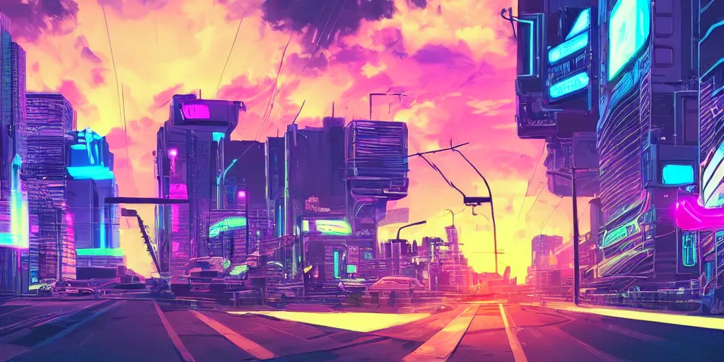 Prompt: street scene neon futuristic cyberpunk vaporwave tron glow sunset clouds sky illustration concept art