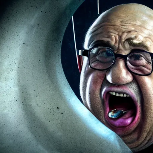 Image similar to hyperrealistic mixed media high resolution image of Danny DeVito angrily screaming into a urinal, stunning 3d render inspired art by István Sándorfi and Greg Rutkowski and Unreal Engine, perfect symmetry, dim volumetric lighting, 8k octane beautifully detailed render, post-processing, extremely hyper-detailed, intricate, epic composition, highly detailed attributes, highly detailed atmosphere, full body shot, cinematic lighting, masterpiece, trending on artstation, very very detailed, masterpiece, stunning, flawless structure, lifelike texture, perfection,