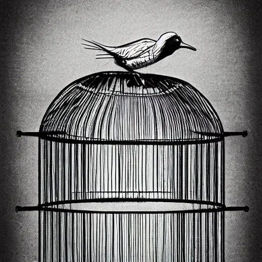 Image similar to cover art of a drawing of a bird in a cage, black and white