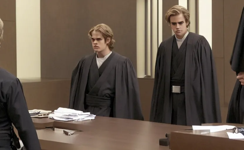 Image similar to anakin skywalker played by hayden christensen in jedi robes talking to saul goodman in a suit in court, us court, better call saul scene 1 0 8 0 p, court session images, realistic faces