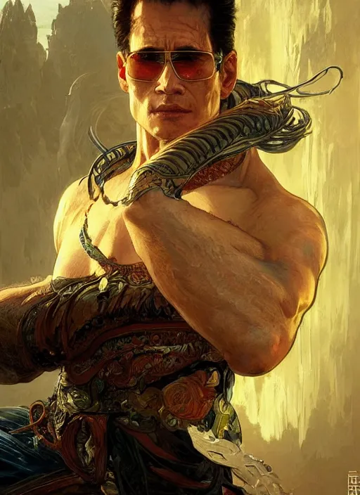 Image similar to a beautiful illustration of a johnny cage, intricate, sharp focus, illustration, highly detailed, digital painting, concept art, matte, art by wlop and artgerm and greg rutkowski and alphonse mucha, masterpiece