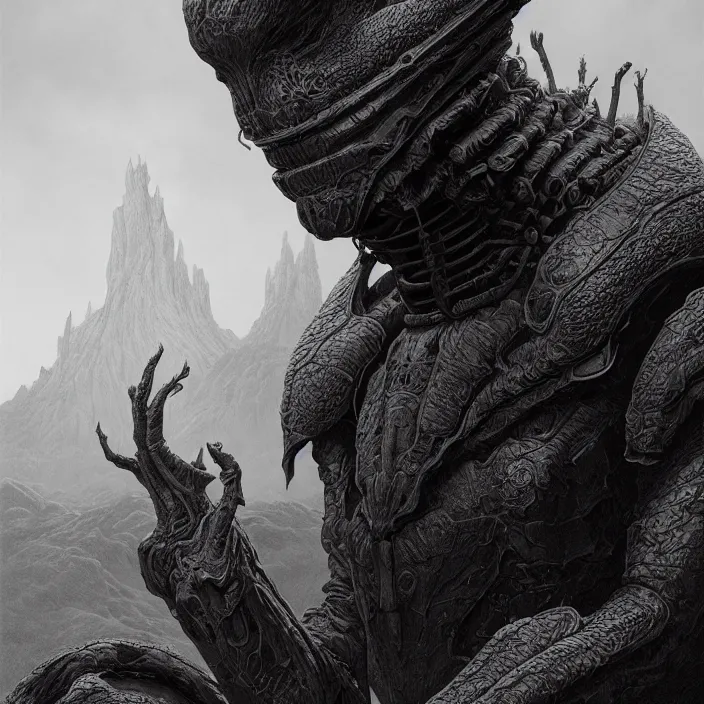 Image similar to a vertical portrait of a character in a scenic environment by wayne barlowe, black and white, dreamy, armor, highly detailed, 3 d render, vray, octane, realistic lighting