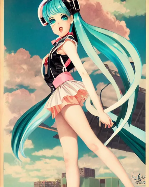 Prompt: Hatsune Miku full body pin up modelling in idol uniform, with a park in the background, post war style, detailed face, american postcard art style, by Gil Elvgren, Julie Bell, krenz cushart, Greg Hildebrandt and Randolph Stanley Hewton