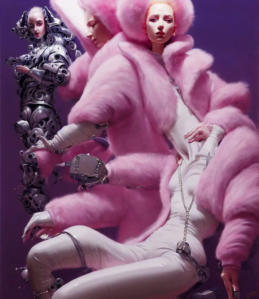 Image similar to beautiful fantasy character portrait, wearing pink puffy bomber jacket with white fur, seductive reclining pose, futuristic chrome drones, ultra realistic, dramatic lighting, robots, the fifth element artifacts, highly detailed by peter mohrbacher, hajime sorayama, wayne barlowe, boris vallejo, aaron horkey, gaston bussiere, craig mullins