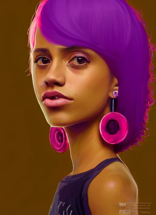 Image similar to portrait of teenage vanessa morgan with bright pink hair, black girl, curly pixie cut hair, wearing a purple breton cap, breton cap, hoop earrings, intricate, elegant, glowing lights, highly detailed, digital painting, artstation, concept art, smooth, sharp focus, illustration, art by wlop, mars ravelo and greg rutkowski