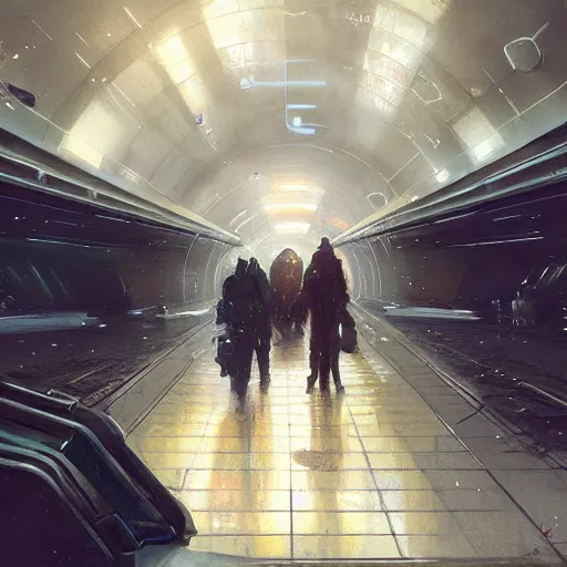 Prompt: painting of a Metro station in the middle of space by greg rutkowski and Craig Mullins, Dark atmospheric and cinematic lighting