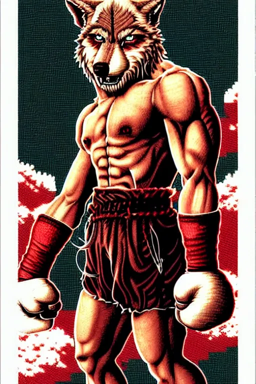 Image similar to extreme long shot. 8 bit nes graphics. antropomorphic muscular masculine wolf. kickboxer fighter, in shorts. angry wolf head. fine details, very sharp, art from nes game cartridge, 8 0's, vhs artefacts, vaporwave style, marc simonetti and hermann nitsch.