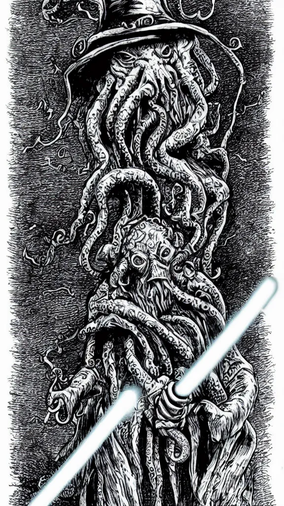 Image similar to Cthulhu wearing a Sherlock Holmes's hat and holding a lightsaber