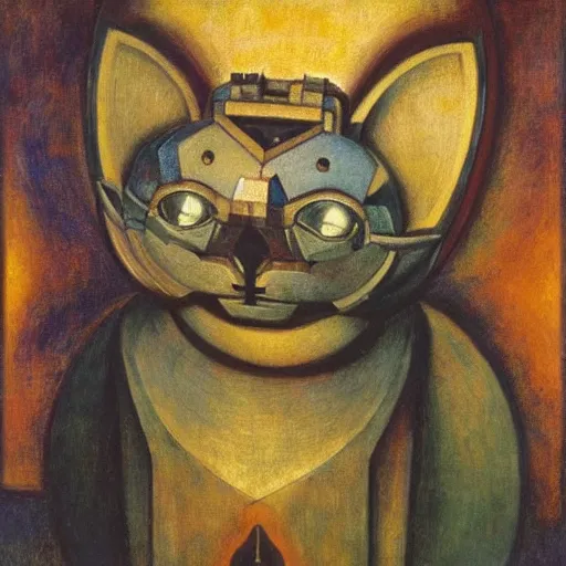 Prompt: masterpiece painting of a mechanical robot cat head, by annie swynnerton and diego rivera and nicholas roerich and jean delville, symbolist, dramatic lighting, god rays, elaborate geometric ornament, art brut, rich colors, smooth, sharp focus, extremely detailed, adolf wolfli and ( donato giancola )