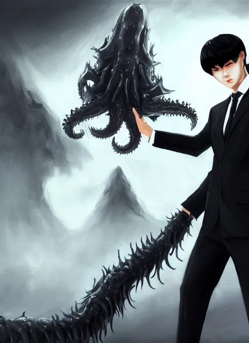 Image similar to a highly detailed illustration of fierce korean man with bowl cut black hair wearing suit and tie with giant black claws, wielding giant black fog claws pose, foggy lovecraftian black mist surrounding background, perfect face, intricate, elegant, highly detailed, centered, digital painting, artstation, concept art, smooth, sharp focus, league of legends concept art, wlop.