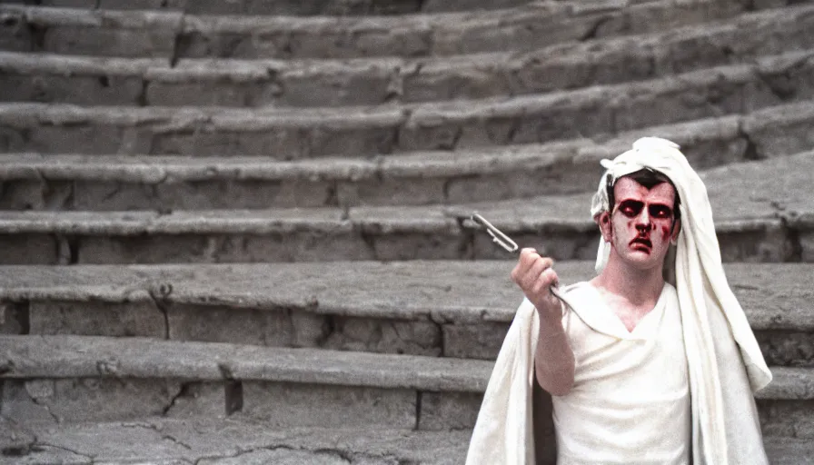 Prompt: 1 9 6 0 s movie still close - up of caligula in a white toga stabbed to death on ancient amphitheater's stairs, cinestill 8 0 0 t 3 5 mm, high quality, heavy grain, high detail, dramatic light, anamorphic, blood