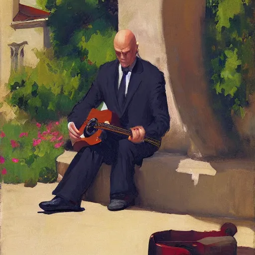 Image similar to a portrait of agent 4 7 from hitman playing a guitar in a monestary garden next to an elderly priest, by gregory manchess, james gurney, james jean