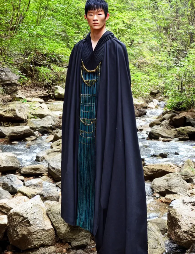 Prompt: longshot modern intricate textile ancient roman toga cloak nature japanese man chiseled chin walking along small creek river in the woods marc jacobs gucci black blue gold