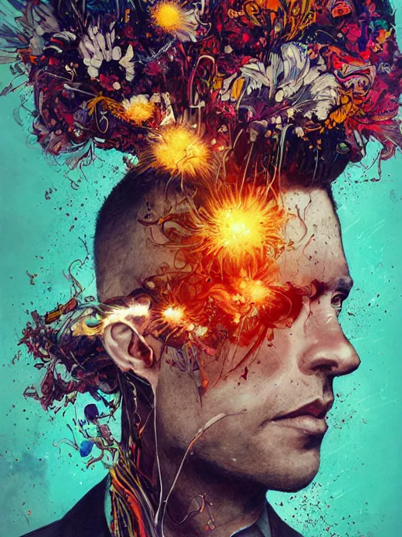 Prompt: art portrait of businessman with flower exploding out of head,by tristan eaton,Stanley Artgermm,Tom Bagshaw,Greg Rutkowski,Carne Griffiths,trending on DeviantArt,face enhance,chillwave,minimalist,cybernetic, android, blade runner,full of colour,