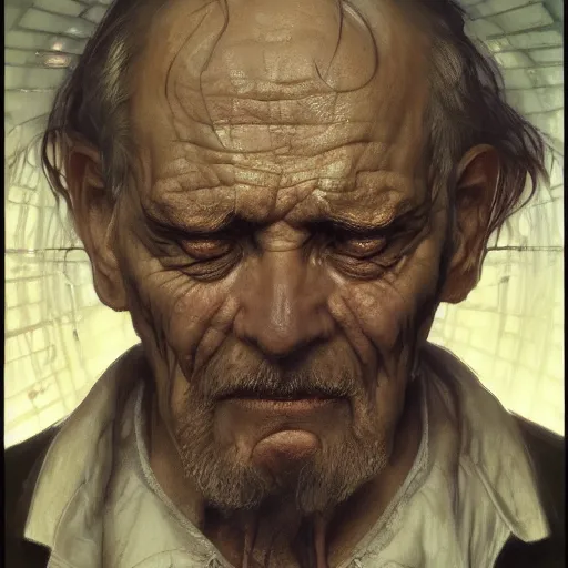 Image similar to portrait painting of an old man in sorrow, staring at the underworld, ultra realistic, concept art, intricate details, eerie, highly detailed, photorealistic, octane render, 8 k, unreal engine. art by artgerm and greg rutkowski and alphonse mucha