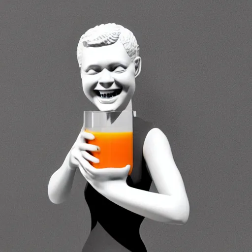 Image similar to a 3 d smiling model of a white marble human head holding a coctail, digital illustration, 3 d render, above the waist