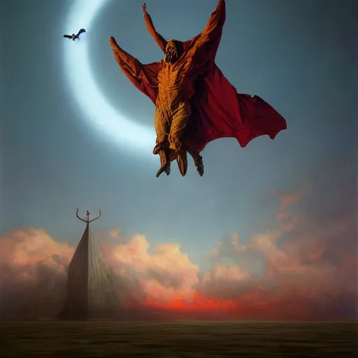 Image similar to realistic painting of a huge bloody satanic figure flying in the sky by michael whelan, ultra realistic, 8 k, streched and creepy painting. trending on, octane renderer, mesmerizing, aesthetic, beautiful