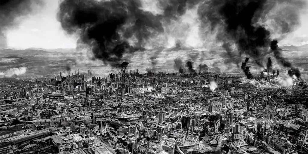 Prompt: steampunk city engulfed in flames, wide-angle shot, 28mm lens, 120mm black and white film