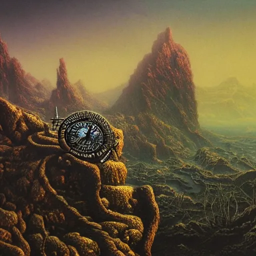 Prompt: filigree landscape, rocks, steampunk mountains, trinkets, beksinski