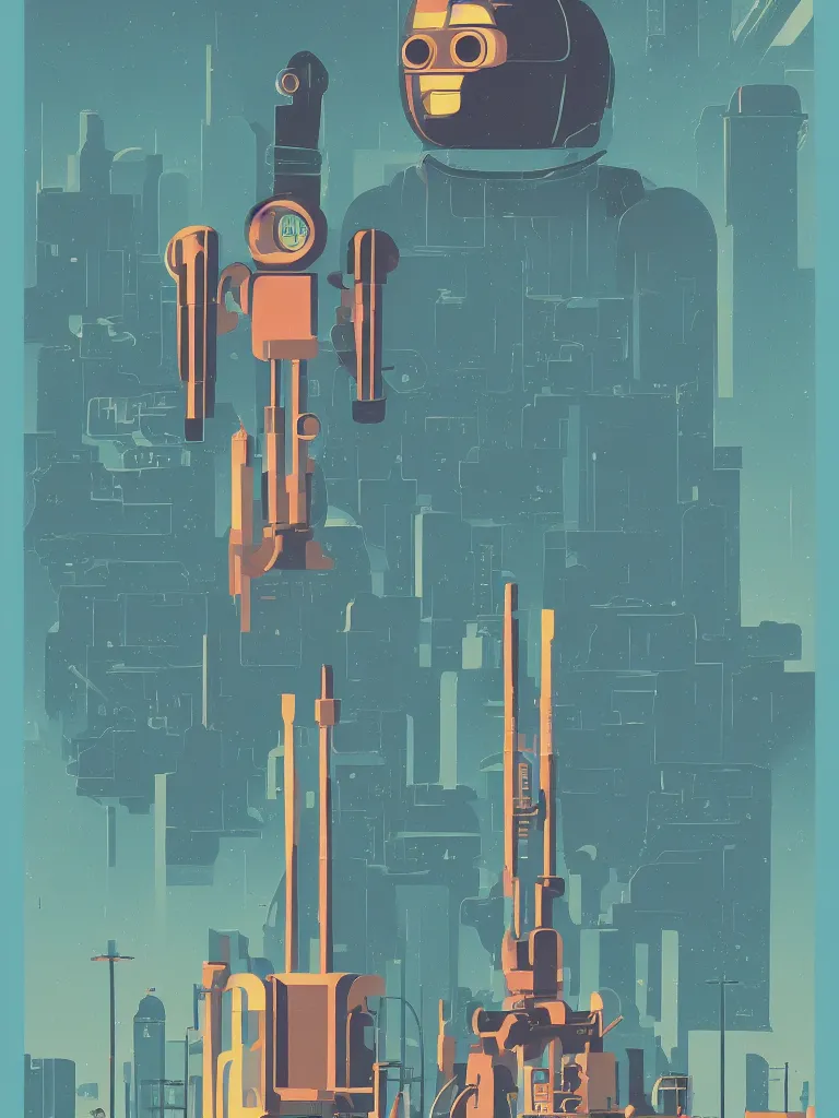 Prompt: tom whalen poster illustration of a large retro science fiction robot towering above a suburban neighbourhood, vintage muted colors, some grungy markings