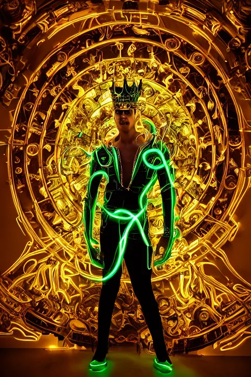 Prompt: full-body baroque and bladerunner style yellow neon statue of a young attractive Spanish male macho dotado android thrusting sim roupa con piroca dura, glowing white face, prince crown of green steampunk lasers, emeralds, swirling white silk fabric. futuristic elements. prismatic liquid rainbow light, full-length view. space robots. human skulls. throne made of bones, intricate artwork by caravaggio. Trending on artstation, octane render, cinematic lighting from the right, hyper realism, octane render, 8k, depth of field, 3D