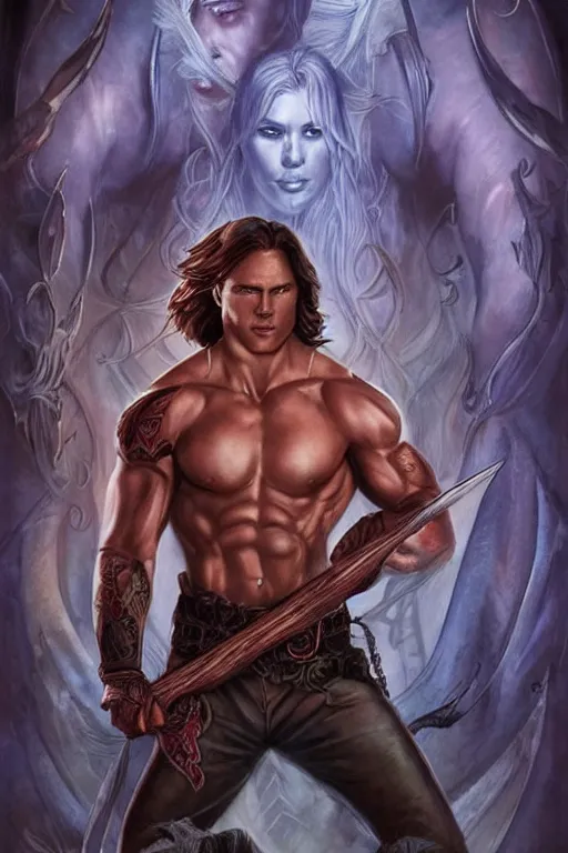 Prompt: muscular sam winchester as a mage tattooed in the cover of an acotar book, sarah j. maas, d & d!, fantasy style, sharp focus!, ultra detailed, art by artgerm and peter andrew jones, wlop