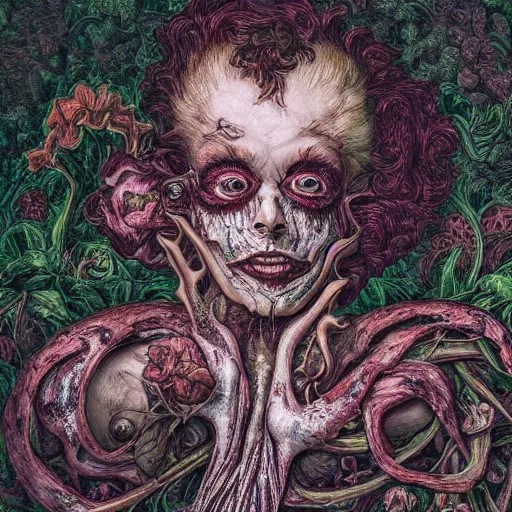 Image similar to a beautiful detailed rococo 8 0's photo of a rotten woman corpse with face muscles, veins, arteries, fractal plants and fractal flowers and mushrooms growing around, intricate, ornate, volumetric light, beautiful lit, beetlejuice