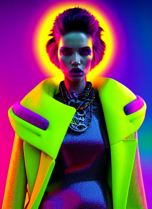 Image similar to coat for a rave, bright colors, many details, prints, photo for a magazine, photo for a store, fashion photography, Vogue, 135 mm, cinematic, hyper realism, high detail, octane render, 8k, chrome accents, very coherent symmetrical artwork, perfect face model, full length photo