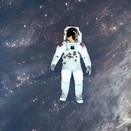 Image similar to photograph of an astronaut lit from down, against the absolute darkness of space, full body photo,, 8 k