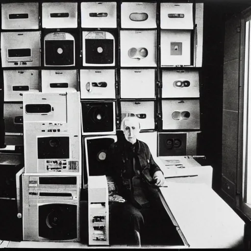 Prompt: underexposed photo of Marcel Duchamp in a machine room full of ancient computers, tri-x, Irving Penn, Jeff Wall, archival pigment print, contemporary art