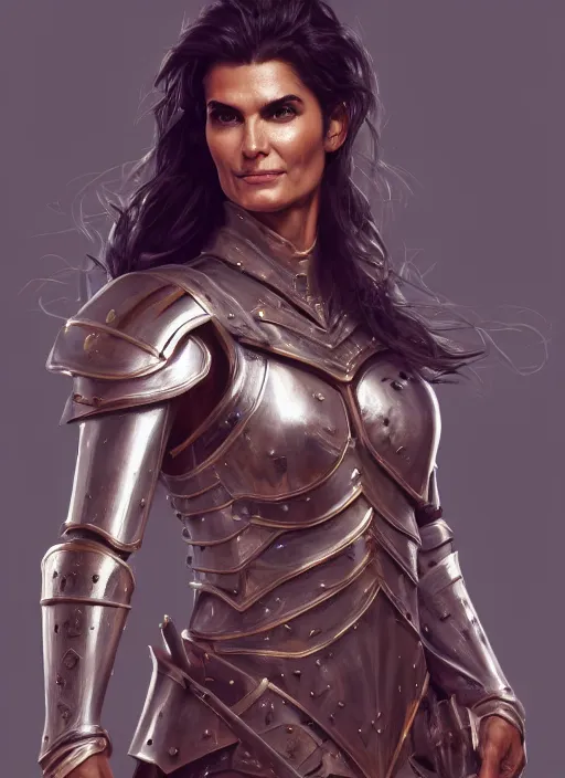 Image similar to portrait of angie harmon as a legendary knight warrior, au naturel, hyper detailed, digital art, trending in artstation, cinematic lighting, studio quality, smooth render, unreal engine 5 rendered, octane rendered, art style by klimt and nixeu and ian sprigger and wlop and krenz cushart.