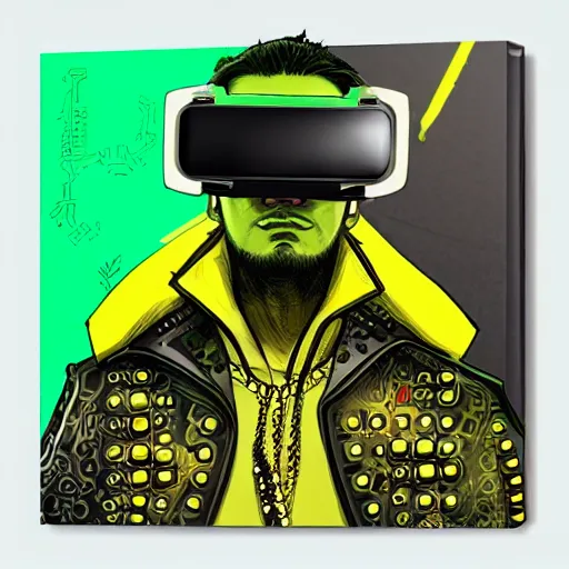 Image similar to cyperpunk samurai, wearing leather jacket covered in studs, vr goggles, subway, green and yellow palette by josan gonzales