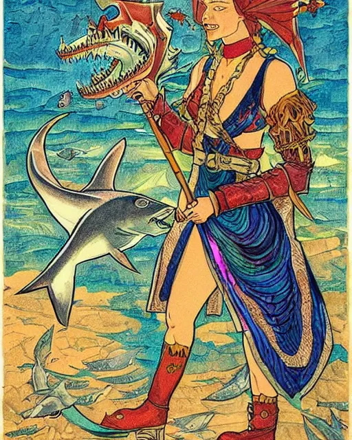 Image similar to a shark pirate queen with iridescent coloring and holding melee weapons by ivan bilibin