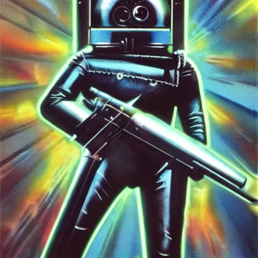 Prompt: 1 9 8 0's heavy metal album art, a shiny reflective detailed chrome android wearing a denim jacket and firing a giant rifle - style blaster rifle designed by ridley scott inside an alien spaceship