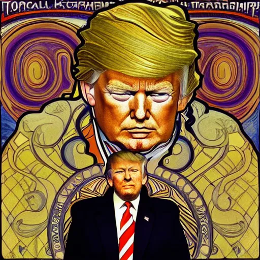 Prompt: detailed art of Donald Trump , by Alphonse Mucha and Gustav Klimt